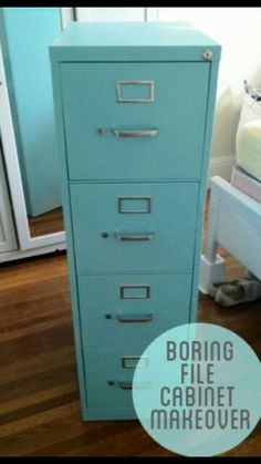 a blue filing cabinet sitting on top of a hard wood floor