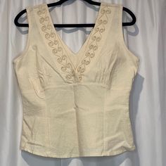 Beautiful Cloth Sleeveless Top. Made In Mexico. Beige. Says Size Large. But Is More Of A Medium Size. It Is New But Has No Tags Elegant Sleeveless Cotton Camisole, Fitted Sleeveless Beach Tops, Fitted Sleeveless Tops For Beach, Fitted Sleeveless Top For The Beach, Elegant Cotton Tank Top For The Beach, Heart Blouse, Mock Neck Blouse, Floral Embroidered Top, Sheer Lace Top