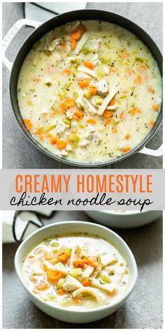 two pictures of creamy chicken noodle soup with carrots and celery in it