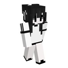 a black and white minecraft character standing in front of a white background with text overlay