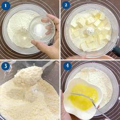 four pictures showing how to make an egg mixture in a blender with eggs and butter