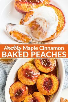 healthy maple cinnamon baked peaches in a white bowl