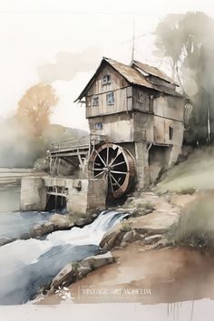 watercolor painting of an old mill on the edge of a river with a stream running under it