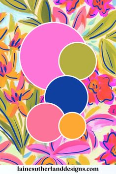 an abstract painting with flowers and leaves in pink, blue, green, yellow and orange