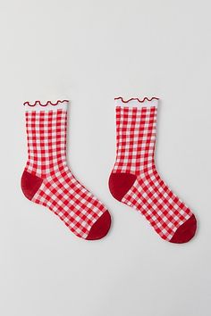 Gingham ruffle crew sock. Check out these gingham print socks complete with a ruffled edge for a sweet femme touch. Features Gingham ruffle crew sock Gingham print socks with a ruffle edge Crew length Content + Care 95% Cotton, 3% polyester, 2% spandex Machine wash Imported | Gingham Ruffle Crew Sock in Red/White Gingham, Women's at Urban Outfitters Bday Wishlist, Wishlist Ideas, Print Socks, Crew Sock, Red Gingham, Gingham Print