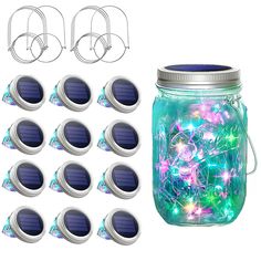 a mason jar filled with lots of colorful lights next to 8 solar powered leds