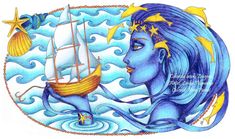 a drawing of a woman with blue hair and a sailboat in the ocean surrounded by stars