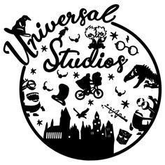 a black and white logo with the words universal studios