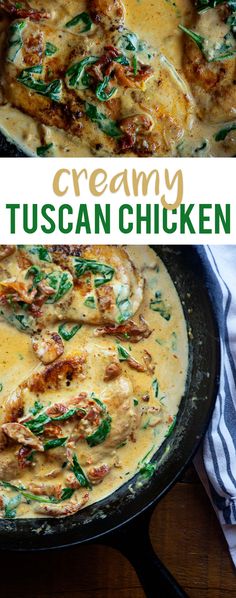 creamy tuscann chicken in a skillet with spinach and cheese