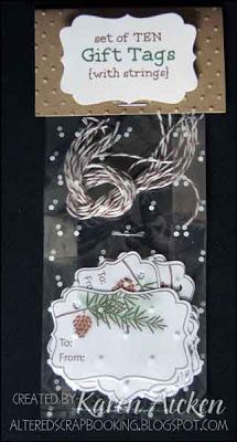 two tags with pine cones and twine in the middle, on a black background