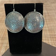 Very Cool Earrings On Locking French Wires. Silver Etched Round Earrings, Formal Bohemian Earrings, Elegant Etched Metal Earrings, Elegant Etched Dangle Earrings, Elegant Etched Round Earrings, Elegant Etched Jewelry For Festivals, Silver Pearl Drop Earrings, Silpada Earrings, Dark Earrings