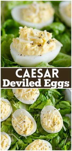 deviled eggs are topped with cheese and lettuce