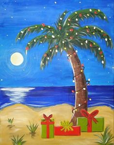 a painting of a palm tree with presents under it and the ocean in the background