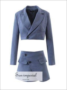 Sun-imperial Women Blue Buttoned Cropped Jacket and Buttoned front Slim Mini Skirt Set Cheap Blue Cropped Jacket For Women, Cheap Trendy Cropped Jacket With Button Closure, Cheap Cropped Button-up Jacket For Work, Luxury Casual Cropped Jacket With Lapel Collar, Cheap Blue Cropped Jacket For Fall, Affordable Blue Cropped Jacket For Fall, Luxury Cropped Office Jacket With Buttons, Luxury Cropped Jacket With Pockets For Office, Luxury Cropped Jacket With Buttons For Office