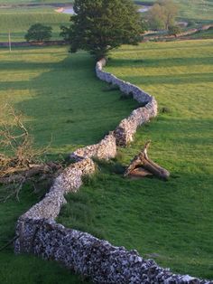 a stone wall in the middle of a grassy field