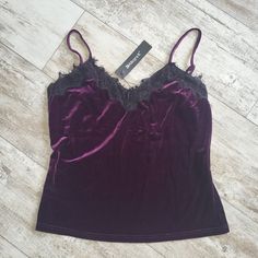 Faux Suede Plum Cami With Black Lace Detail. Nwt Fashion Definition, Velvet Cami Top, Purple Y2k, Converse T Shirt, Visual Archive, Velvet Cami, Real Fashion, Halloween Long Sleeve, Purple Top