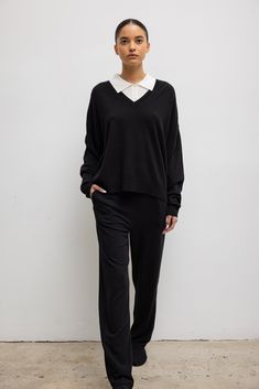 Knit in our plush Zoe Wool/Cashmere Knit, The Zoe V Neck is this season’s perfect knit layer. Featuring a clean V neckline, slightly dropped shoulders, and full length sleeves. We’re wearing this over our favorite Margo Tee and lighter knits, like The James. Shop all styles in this fabric group Oversized Black V-neck Sweater With Long Sleeves, Black V-neck Sweater With Ribbed Collar, Black Ribbed V-neck Long Sleeve Sweater, Chic Black V-neck Sweater Dress, Stretch Black V-neck Sweater, Satin Set, Light Knit, Fabric Shoes, Cotton Set