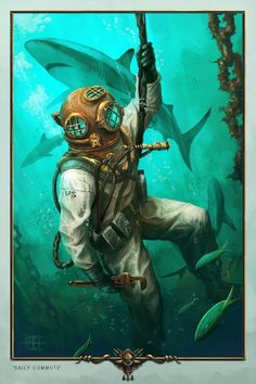 a man in a diving suit holding onto a pole while surrounded by sharks and other fish