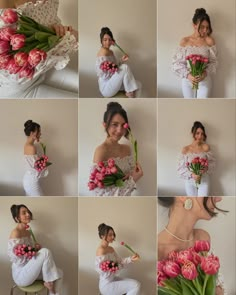 the woman is posing with her bouquet of flowers