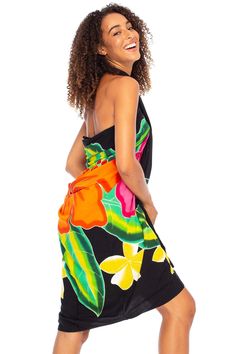 Generously sized, this black Hand-Painted Hibiscus Sarong Swim Cover Up is 73 x 46 inches; great for use as a quick-drying beach blanket or pareo beach wrap Sarong beach cover up includes a natural coconut shell sarong clip for easy tying and an authentic island look; just pull the fabric edges through and cinch to fit Silky soft rayon breathes well and stays cool on the skin, in a gorgeous hand-painted motif that takes you straight to the islands; no running or fading High-quality fabric drapes Black Tropical Swimwear, Black Sarong For Vacation Beachwear, Black Beachwear Sarong For Vacation, Black Hawaiian Swimwear For Beach Party, Black Sarong For Beach Vacation, Black Summer Beach Sarong, Black Sarong For Beach Season, Black Summer Sarong For Beach Season, Sarong Clip