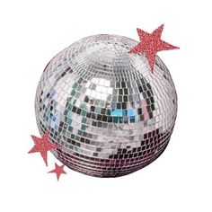 a shiny disco ball with red stars on the side and white back ground, isolated against a white background