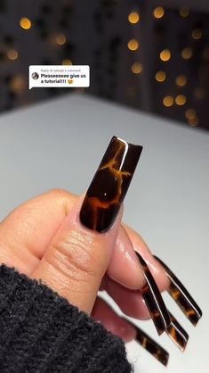 easy tortoise shell nails ⛅️✨🤎 how to ⬇️ 1) one coat of orange jelly gel polish 2) THIN layer of blooming gel (DO NOT CURE) 3) use a dotting tool to blob on black gel polish and swirl 4) allow the black to bloom to your liking then fully cure 5) add another coat of the orange jelly gel polish products used 🎀 @nailzkatkat XXXL Square Tips (CARMZ30) Amazon products (on store front) •Senvenski Orange jelly gel •Beetles blooming gel •Gelixir black gel •Dotting tool •Disposable nail art p... White Tortoise Nails, How To Do Turtle Shell Nails, Tortoise Nails With Red, Tortoise Shell Nail Art, Tortoise Shell Nails Square, Blue Tortoise Shell Nails, How To Do Tortoise Shell Nails, Green Tortoise Shell Nails, Pink Tortoise Shell Nails