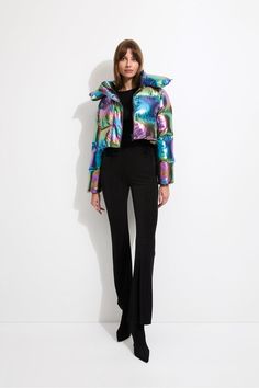 The Fractals Puffer Jacket is a luminescent style with a high cropped bodice. Featuring metallic fabric, a padded double collar, and a concealed front zip closure. Style this puffer jacket over a fitted top and pants for an elevated silhouette.Size & Fit– Relaxed, cropped fit– Model is 182cm / 5'11" tall, size 8 AU / 4 US and wearing size S– See size guide above for garment measurements Double Collar, Mood Ring, Metallic Fabric, Fitted Top, Puffer Jacket, Size Guide, Bodice, Fitness Models, Puffer