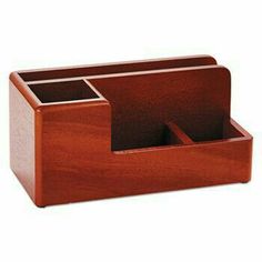 a wooden desk organizer with two compartments