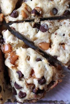 chocolate chip cookie bars cut into squares and stacked on top of each other