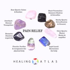 Experience the natural relief of the Healing Atlas Pain Relief Healing Crystals Kit, a carefully curated collection of healing gemstones known for their powerful pain-relieving properties. This kit includes Amethyst, Rose Quartz, Hematite, Fluorite, Lapis Lazuli, Clear Quartz, Smoky Quartz, and Tourmaline, each chosen for its unique abilities to alleviate discomfort and promote healing.
Amethyst is known for its calming properties and its ability to ease headaches and migraines. Rose Quartz offe Crystal Meanings Charts, Crystals Healing Grids, Witchcraft Decor, Crystal Healing Chart, Healing Gemstones, Crystals Healing Properties, Spiritual Crystals, Protection Crystals, Crystals Healing