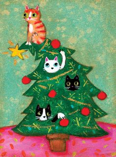 a cat sitting on top of a christmas tree with other cats around it and an ornament in the shape of a star