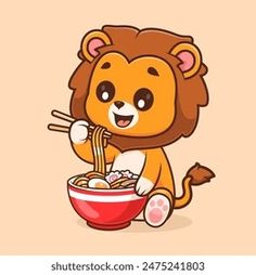 a cartoon lion eating ramen with chopsticks