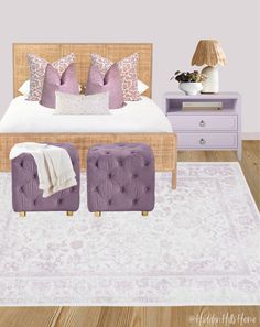 a bedroom with purple furniture and white carpet