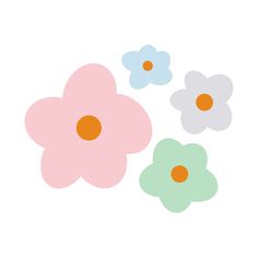 three different colored flowers on a white background