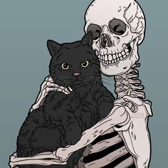 a cat sitting next to a skeleton holding it's head in its paws and looking at the camera