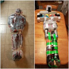 two pictures side by side, one with plastic wrap and the other with toys on it