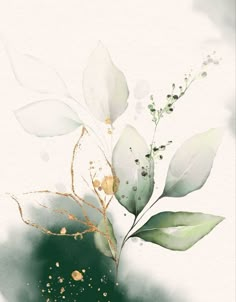 watercolor painting of green leaves and gold flakes