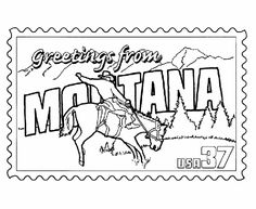 a stamp with the word montana on it and a cowboy riding a horse in the background