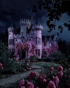 a castle with pink flowers in the foreground and dark clouds in the back ground