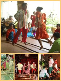 several pictures of people doing different things in the same photo, including dancing and singing