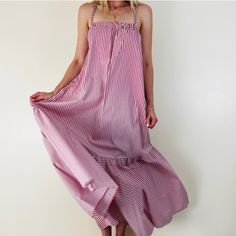 Straight Neckline And Spaghetti Straps That Cross In The Back. Ruffled Hem With Pleats. Not See Throw At All 100% Cotton Pink Cotton Maxi Dress With Spaghetti Straps, Striped Cotton Maxi Sundress, Striped Summer Maxi Dress For Daywear, Red Cotton Maxi Dress For Day Out, Zara Cotton Sundress Maxi Dress, Striped Cotton Daytime Dress, Zara Cotton Maxi Dress For Summer, Zara Cotton Maxi Dress For Beach, Red Spaghetti Strap Dress For Daywear