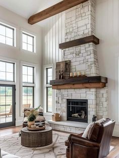 a living room filled with furniture and a fire place in the middle of it's wall