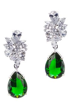 An oversized emerald-hued pear dangles from an elegant cluster of mixed-cut CZ stones on a refined statement earring. Post back Silvertone plate/cubic zirconia Imported Glamorous Green Teardrop Jewelry, Green Pear-shaped Earrings For Party, Green Pear-shaped Teardrop Earrings, Green Drop Teardrop Earrings For Formal, Green Teardrop Earrings For Formal Occasions, Formal Green Teardrop Drop Earrings, Green Pear-shaped Teardrop Earrings For Formal Occasions, Charm Chain, Earring Post