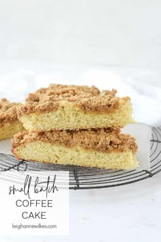 two pieces of coffee cake sitting on top of a cooling rack with text overlay