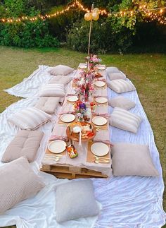 a long table set up with pillows and plates on it in the middle of a yard