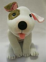 a stuffed dog with a pink bow on it's head and tongue sticking out