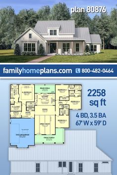 Country, Craftsman, Farmhouse Style House Plan 80876 with 2258 Sq Ft, 4 Bed, 4 Bath, 2 Car Garage Modern Farmhouse Home, Sims House Plans, Craftsman Style House Plans, Family House Plans, Bedroom Modern, House Plans Farmhouse, Modern Farmhouse Plans