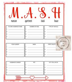 a printable mash game with hearts and arrows on the side, in red