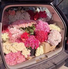 the trunk of a car filled with flowers