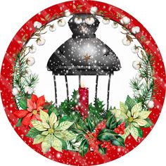 a christmas wreath with a lit candle and poinsettis in the center on a red background